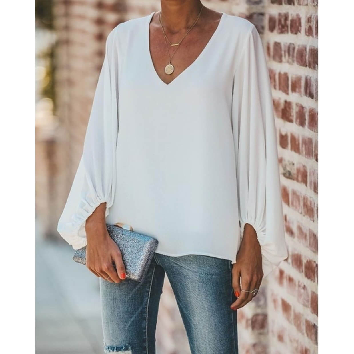 V-neck Loose Long Lantern Sleeves Blouse