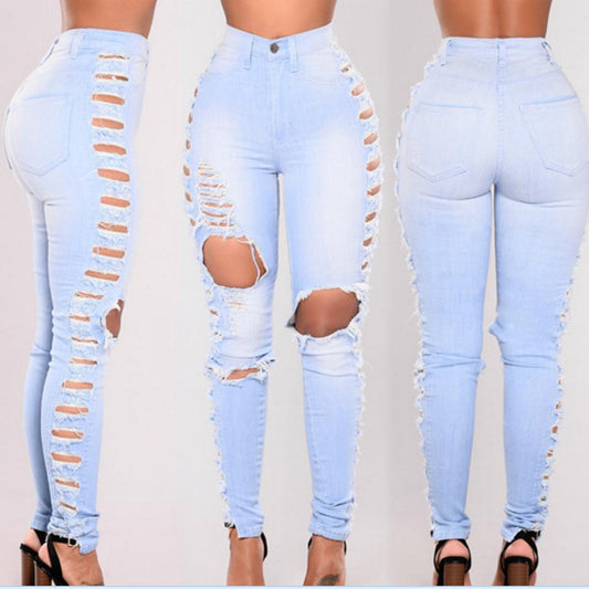 Solid Color High Waist Cut Out Holes Long Skinny Jeans
