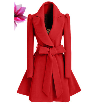 Pure Color Belt V-neck Bowknot Belt Long Sleeves Long Coat