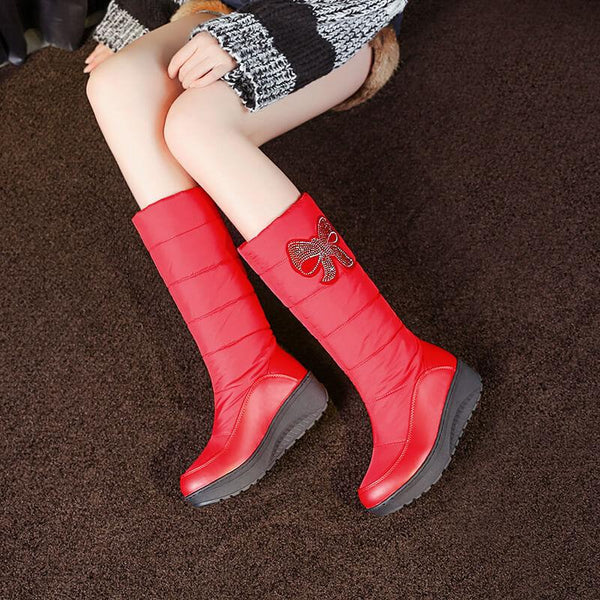 Platform Rhinestone Round Toe Flat Mid Calf Boots 