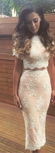 Lace Crop Top Bodycon Split Mid Skirt Two Pieces Dress Suit - May Your Fashion - 1