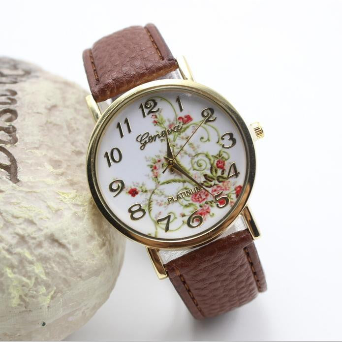 Classic Flower Print Leather Watch