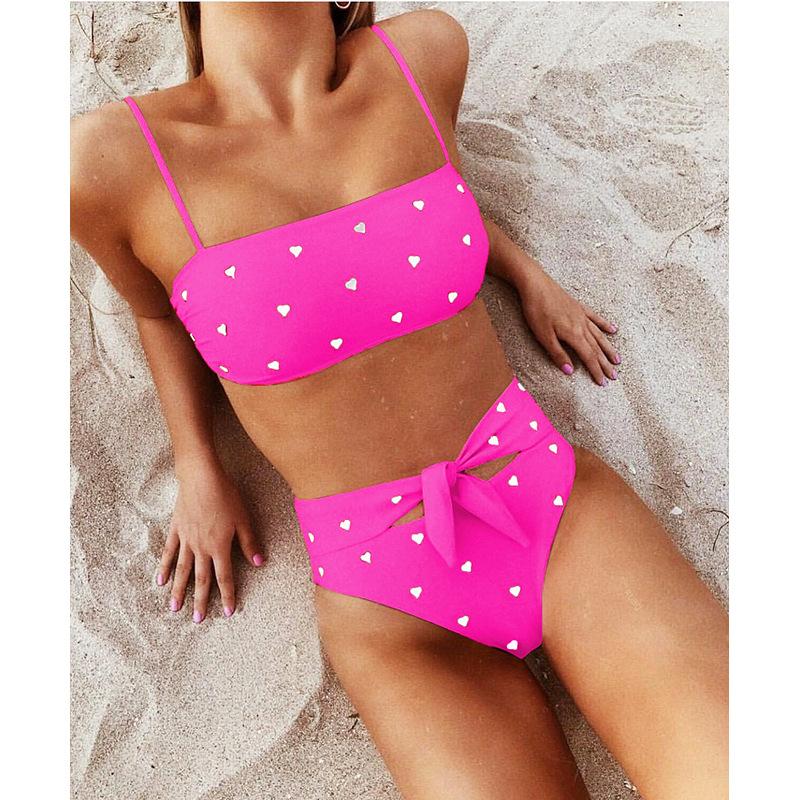 Cute Strappy Heart Print High Rise Triangle Bikinis