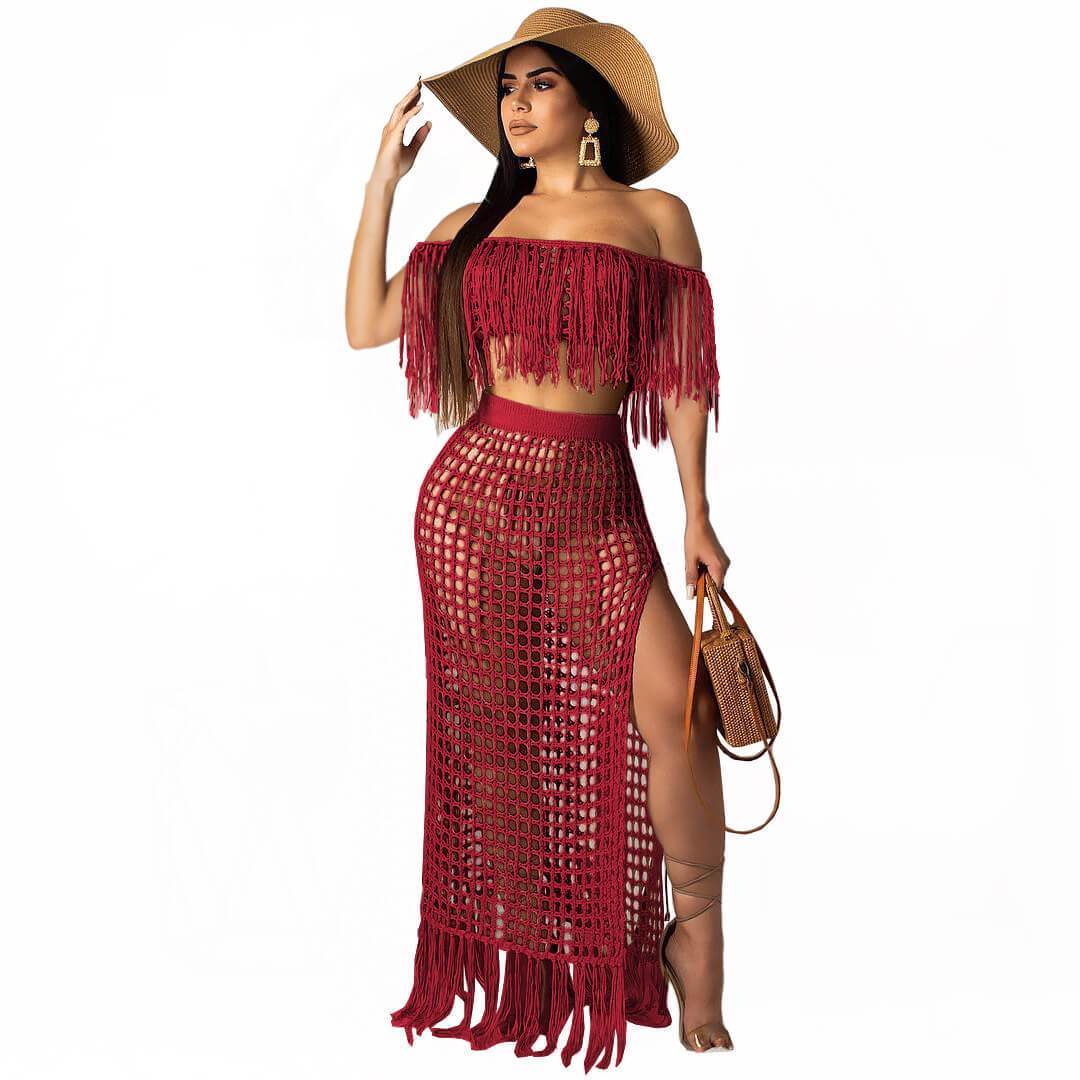 Tassel Off Shoulder Crop Top Irregular MAXI Skirt Set