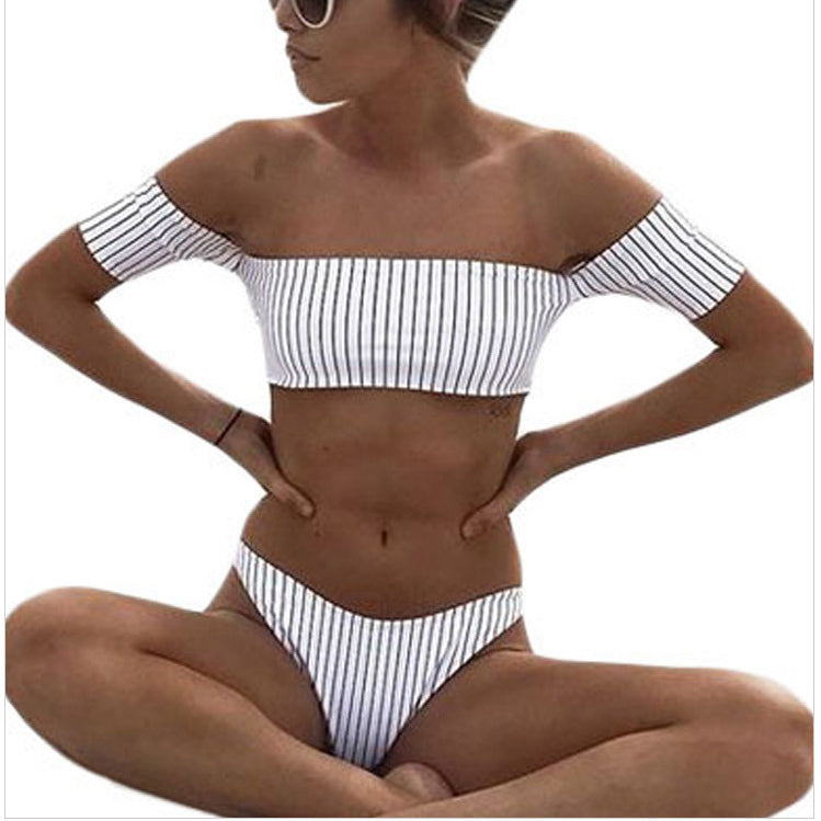 Striped Off Shoulder Low Waist Bikini Set