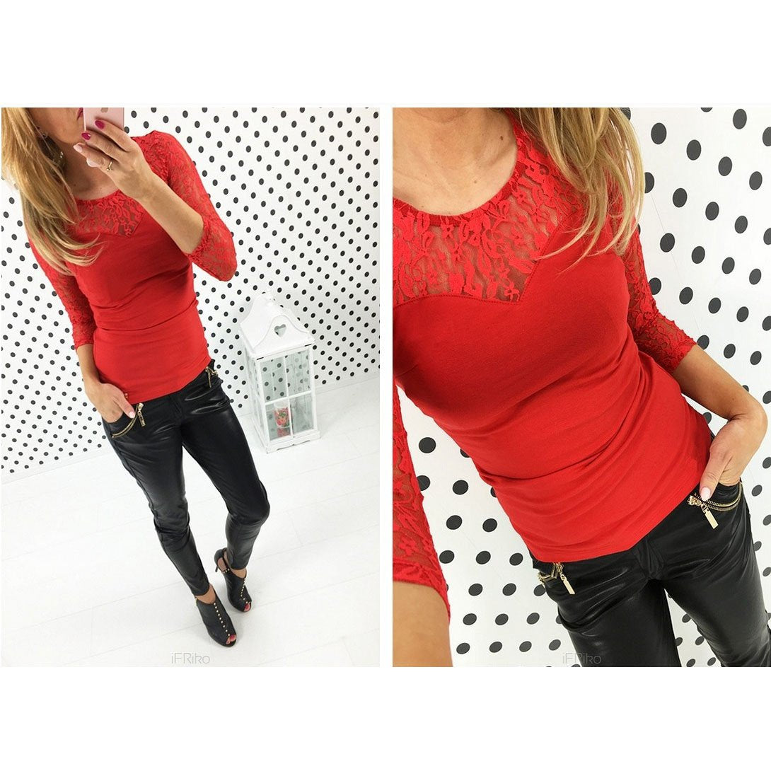 Lace Long Sleeves Patchwork Scoop Slim T-shirt