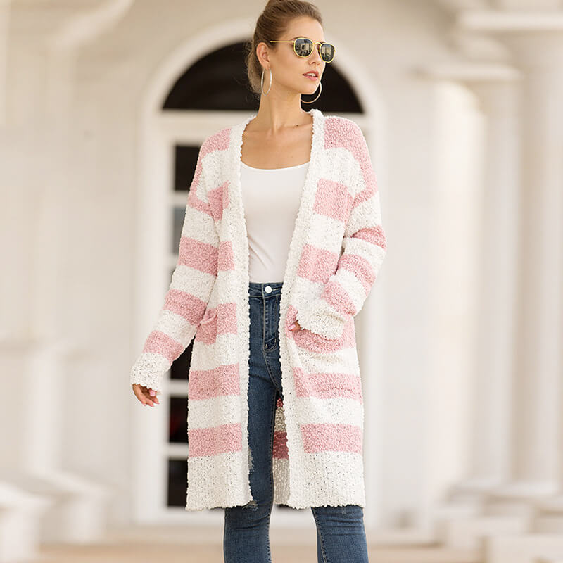 Striped Colorblock Open Front Cardigan Sweater