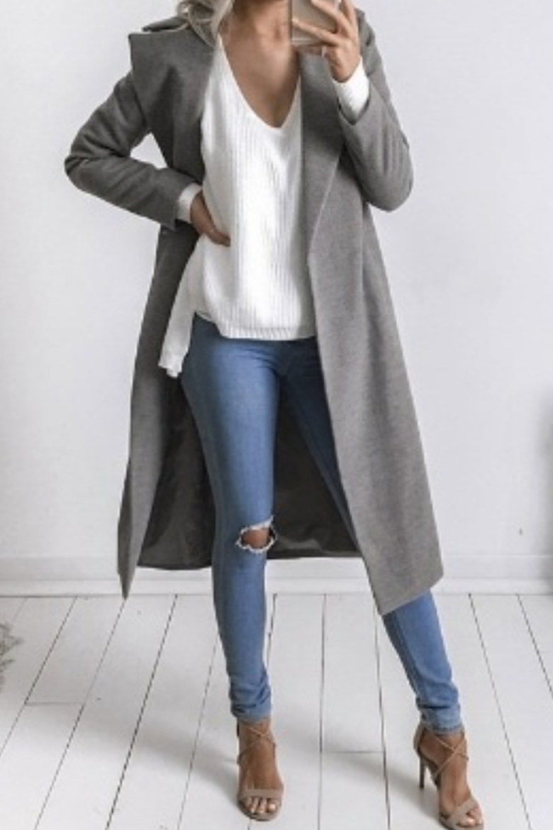 Lapel Collar Pockets Long Slim Woolen Coat