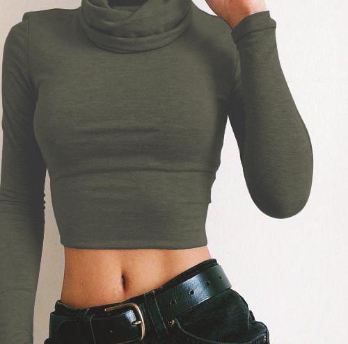 High Neck Pure Color Long Sleeves Short Crop Top