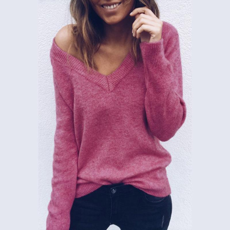 Large V-neck Pure Color Long Sleeves Regular Blouse