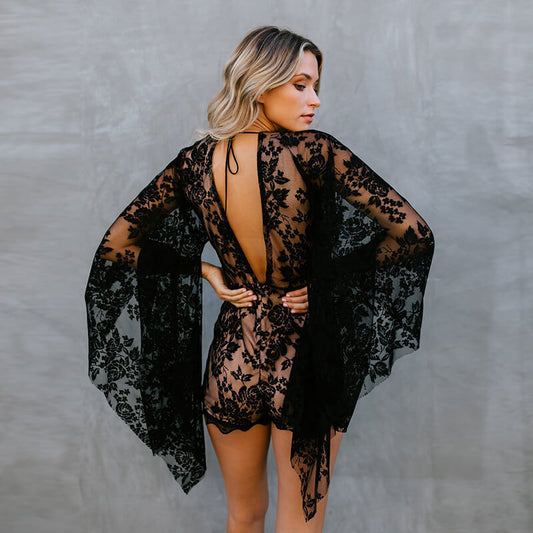 Deep V neck Lace Bell Sleeves Rompers