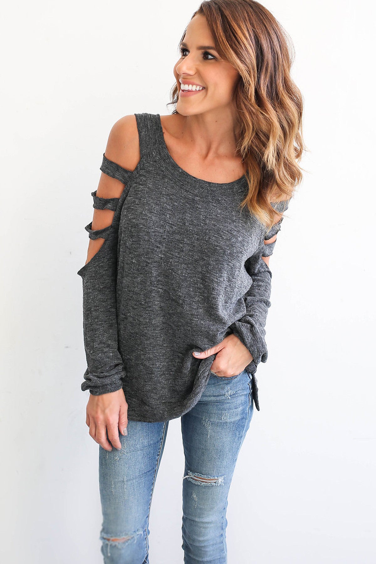 Bear Shoulder Pure Color Hollow Out Long Sleeves T-shirt