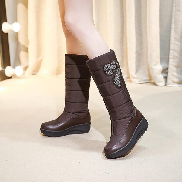Rhinestone Platform Flat Round Toe Mid Calf Boots