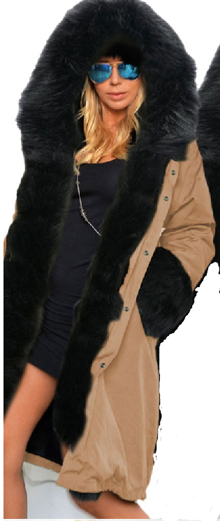 Zipper Hooded Faux Fur Cuff Long Cotton Coat - May Your Fashion - 1