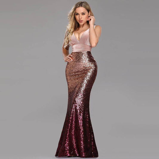 Gradient Color Sequin Empire Waist Evening Dress