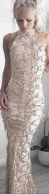 Sexy Halter Sequins Tassels Long Bodycon Belt Dress