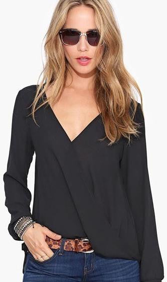Deep V-neck Long Sleeves Chiffon Plus Size Blouse - May Your Fashion - 1