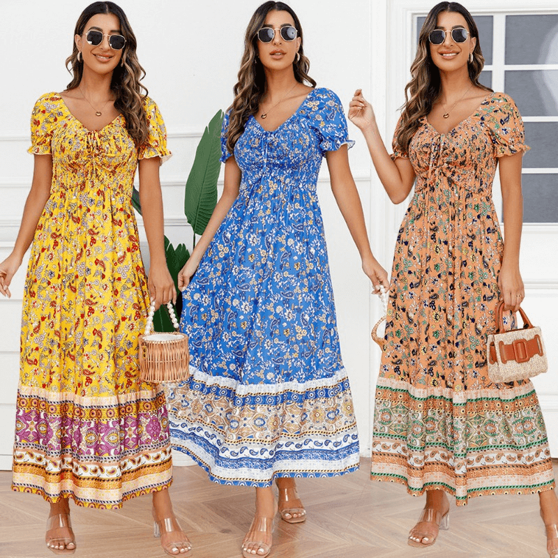 Summer Fashion Bubble Sleeve Tie-Waist Dress