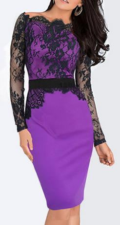 Off-shoulder Lace Patchwork Long Sleeves Hollow Out Knee-length Dress