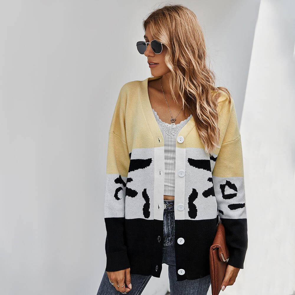 Leopard Patchwork V Neck Cardigan
