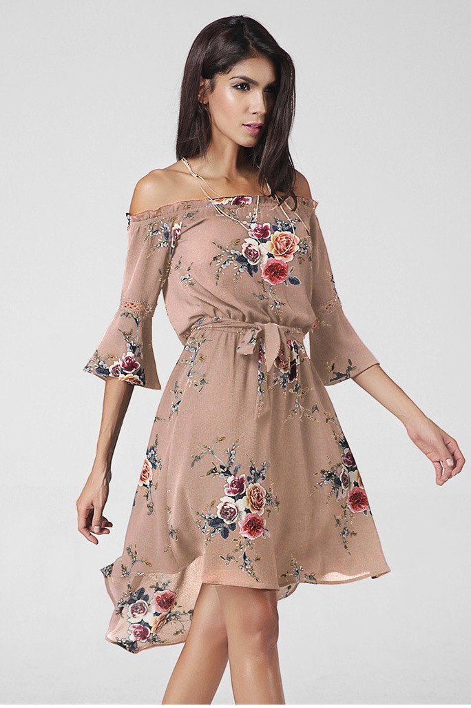 Off Shoulder Trumpet 3/4 Sleeves Irregular Flower Print Short Dress