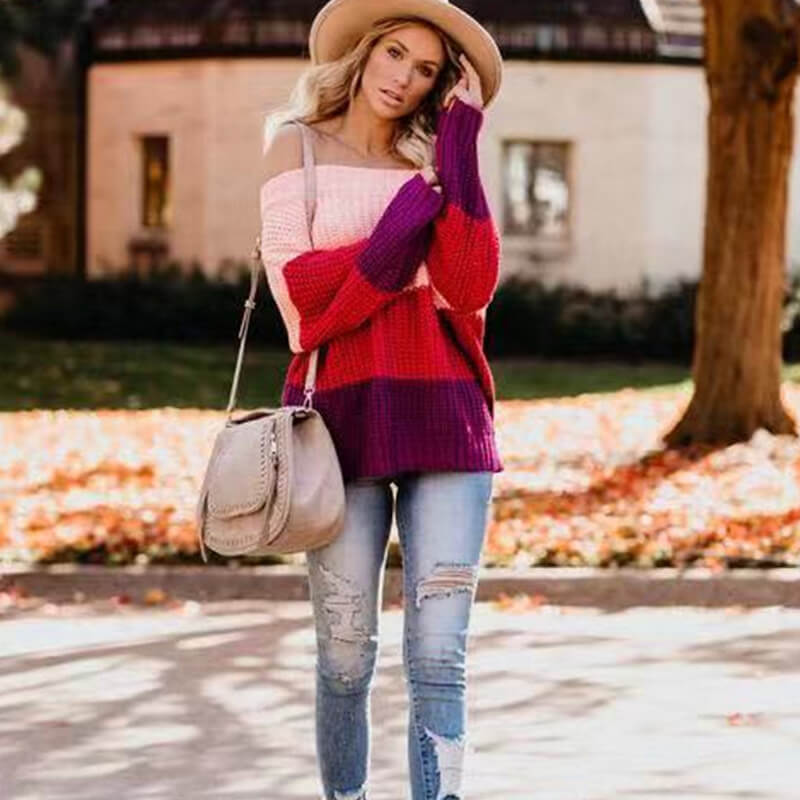 Off Shoulder Loose Colorblock Knit Sweater