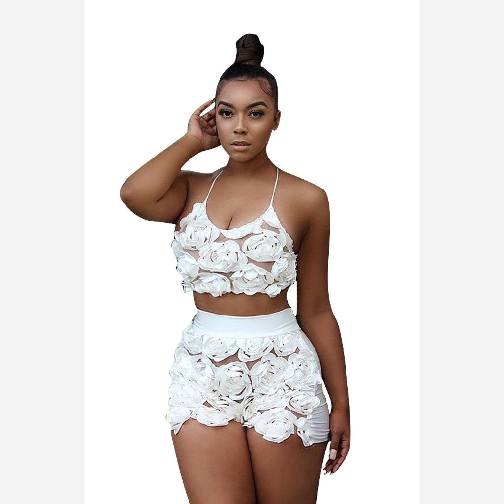 Spaghetti Straps V-neck Lace Crop Top with Patchwork Shorts Two Pieces Set