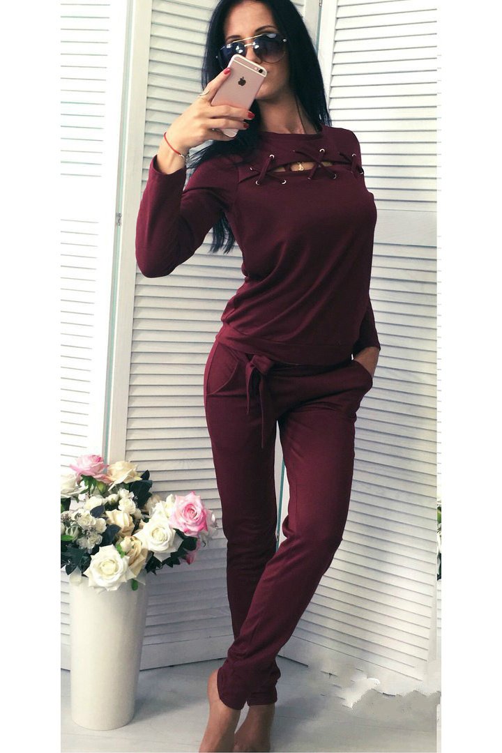 Pure Color Splicing Hollow-out Blouse with Pants Two Pieces Set