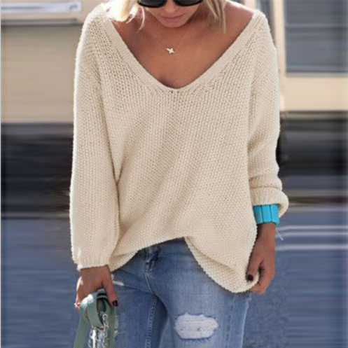 V-neck Loose Knit Pure Color Pullover Sweater - Oh Yours Fashion - 5