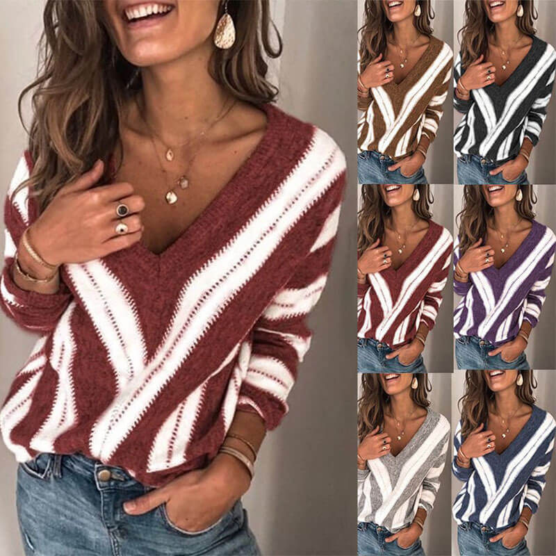 V Neck Striped Colorblock Knit Sweater