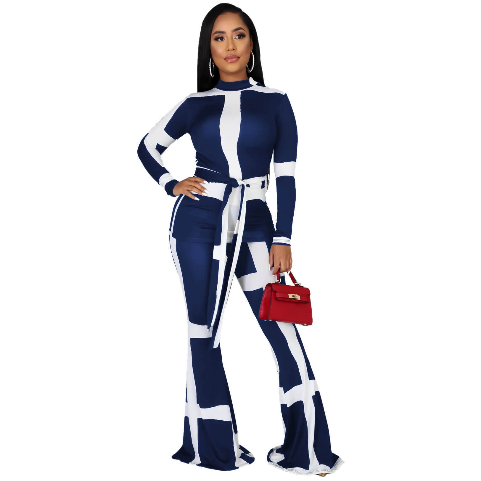 Patchwork Crop Top High Waist Bell Bottom Pants Set