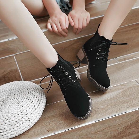 Lace Up Round Toe Solid Color Low Chunky Heel Short Martin Boots