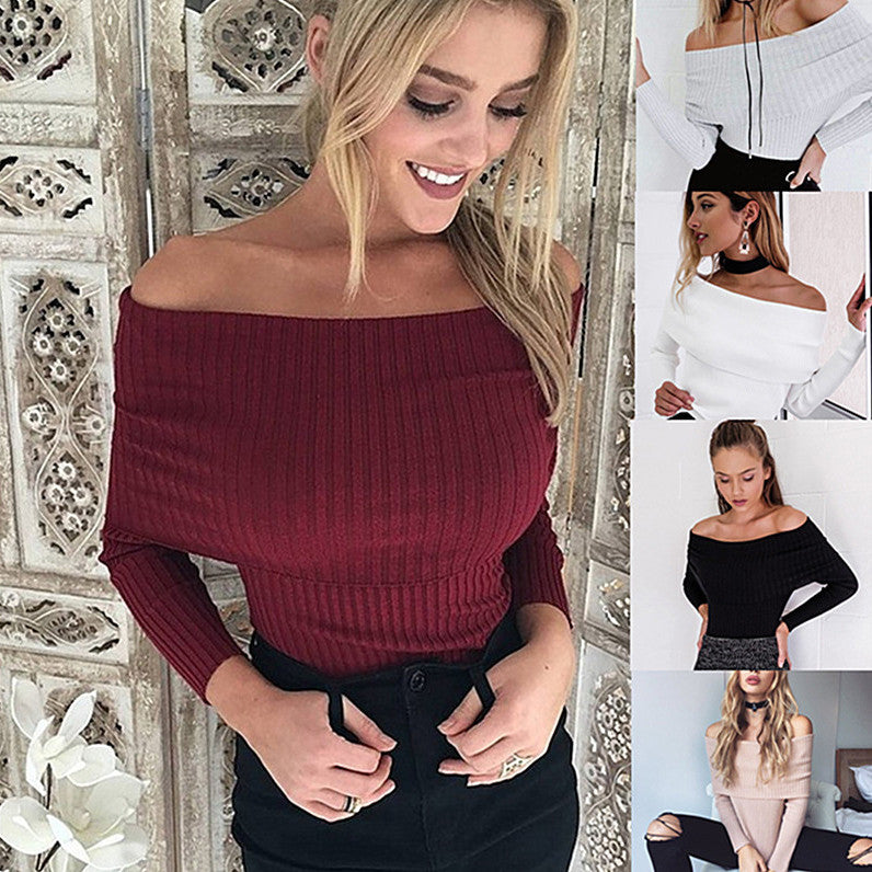 Long Sleeves Pure Color Off Shoulder Slim Sweater