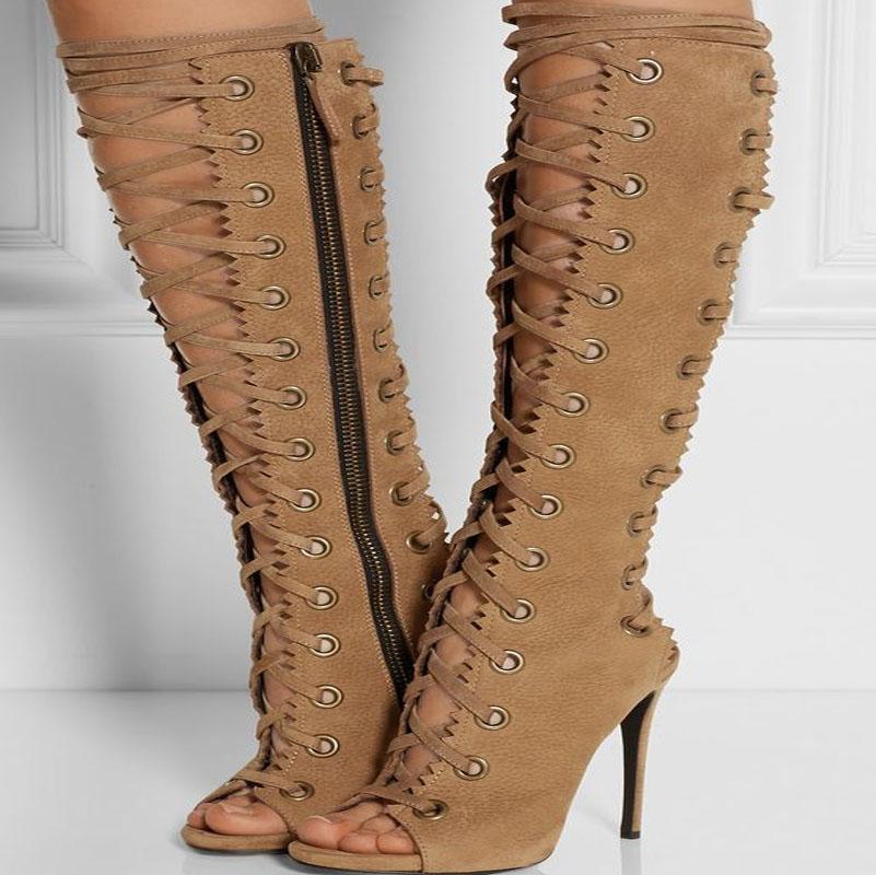 Brown Peep Toe Lace Up knee High Boots 