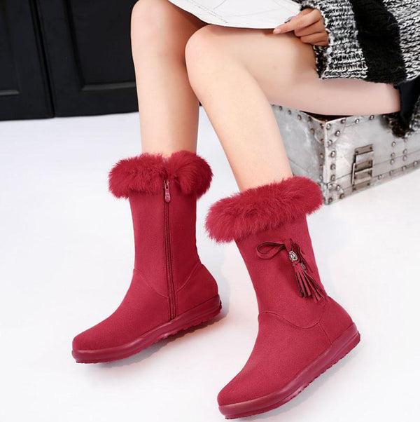 Winter Fur Flat Suede Mid Calf Boots