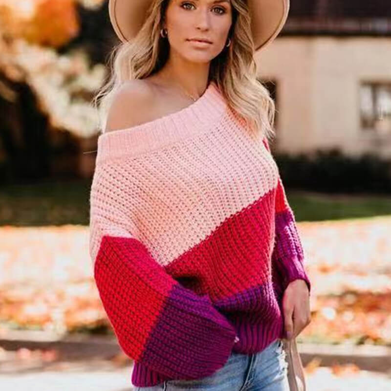 Off Shoulder Loose Colorblock Knit Sweater