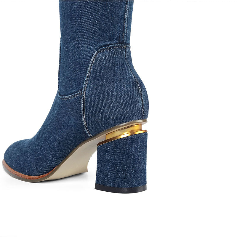 Casual Blue Denim Ripped Chunky Heel Over Knee Boots