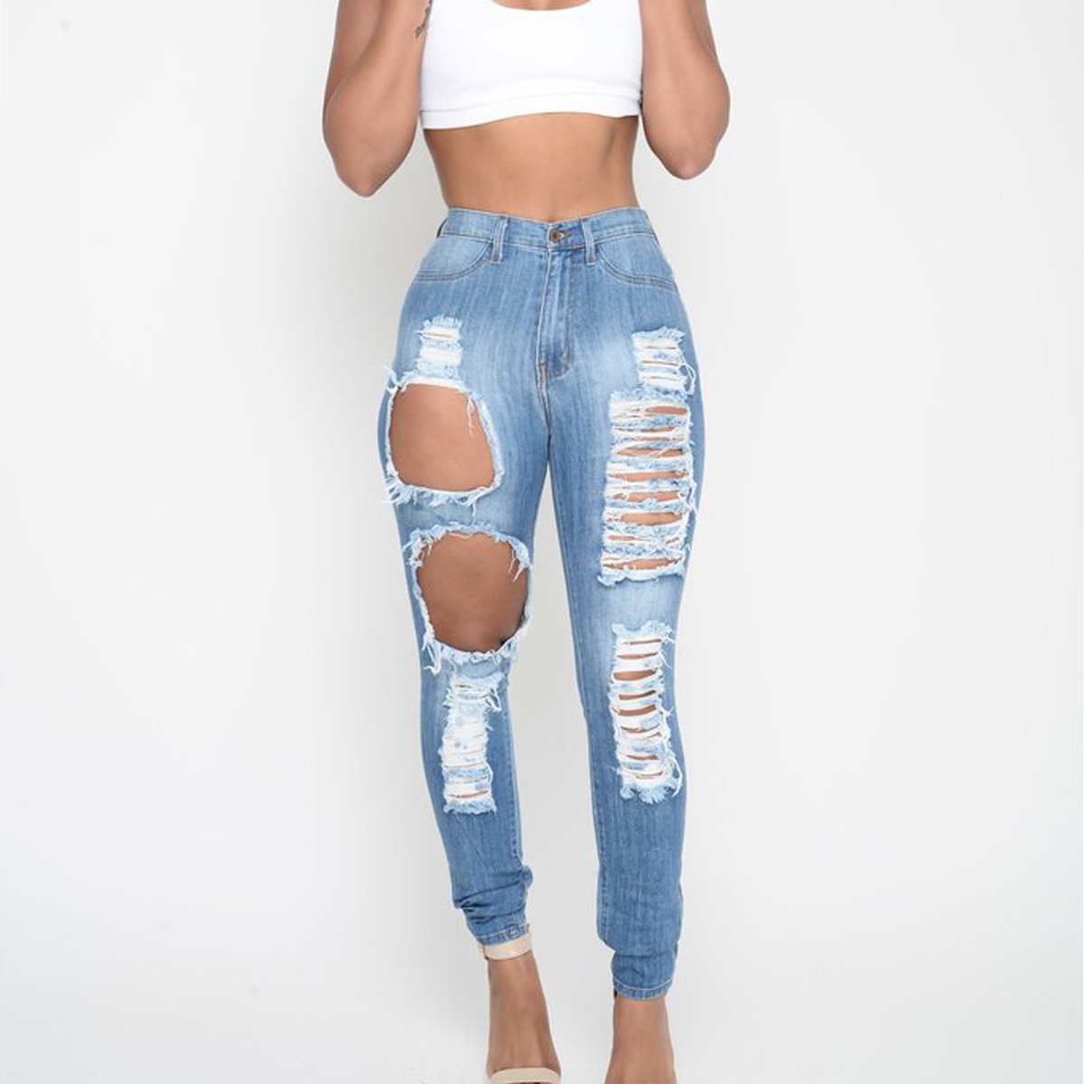 Rough Holes Cut Out High Waist Long Skinny Jeans Denim Pants