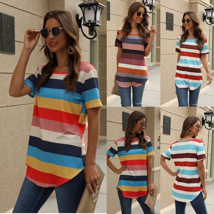 Casual Stripes Color Block Loose Short Sleeve T-shirts