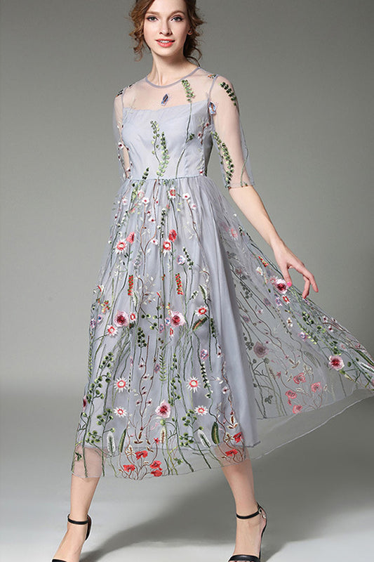 Embroidery Flowers Transparent Mesh Patchwork Tee-length Dress