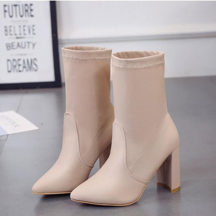 Pointed Toe Pure Color High Chunky Heel Half Martin Boots