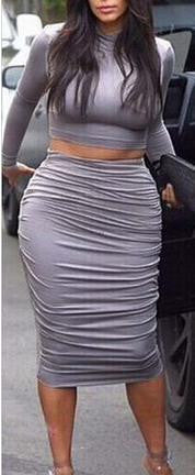 Scoop Long Sleeves Crop Top Bodycon Knee-length Winkle Skirt Dress Set