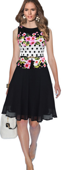 Chiffon Print O-neck Sleeveless Knee-length Dress