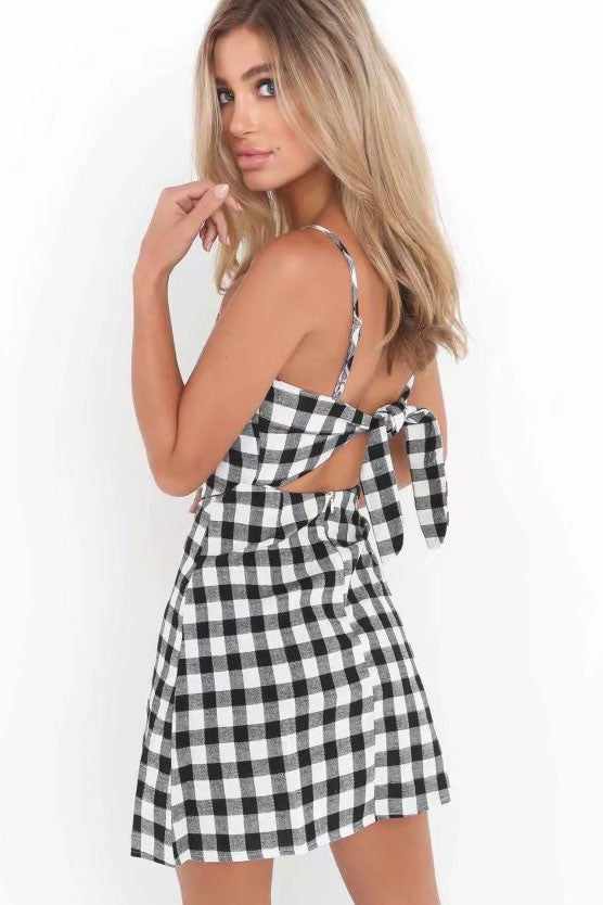 Pure Color Spaghetti Straps Sleeveless Backless Short Dress