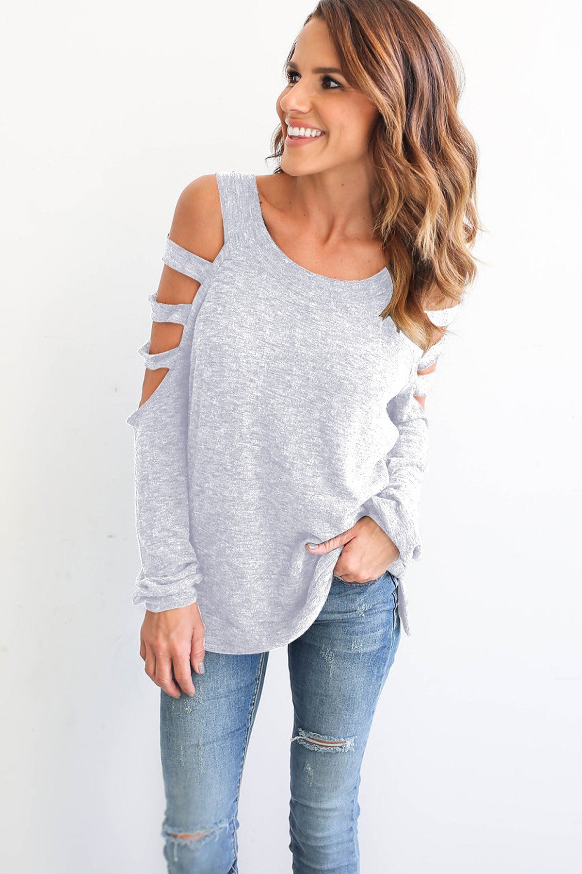 Bear Shoulder Pure Color Hollow Out Long Sleeves T-shirt