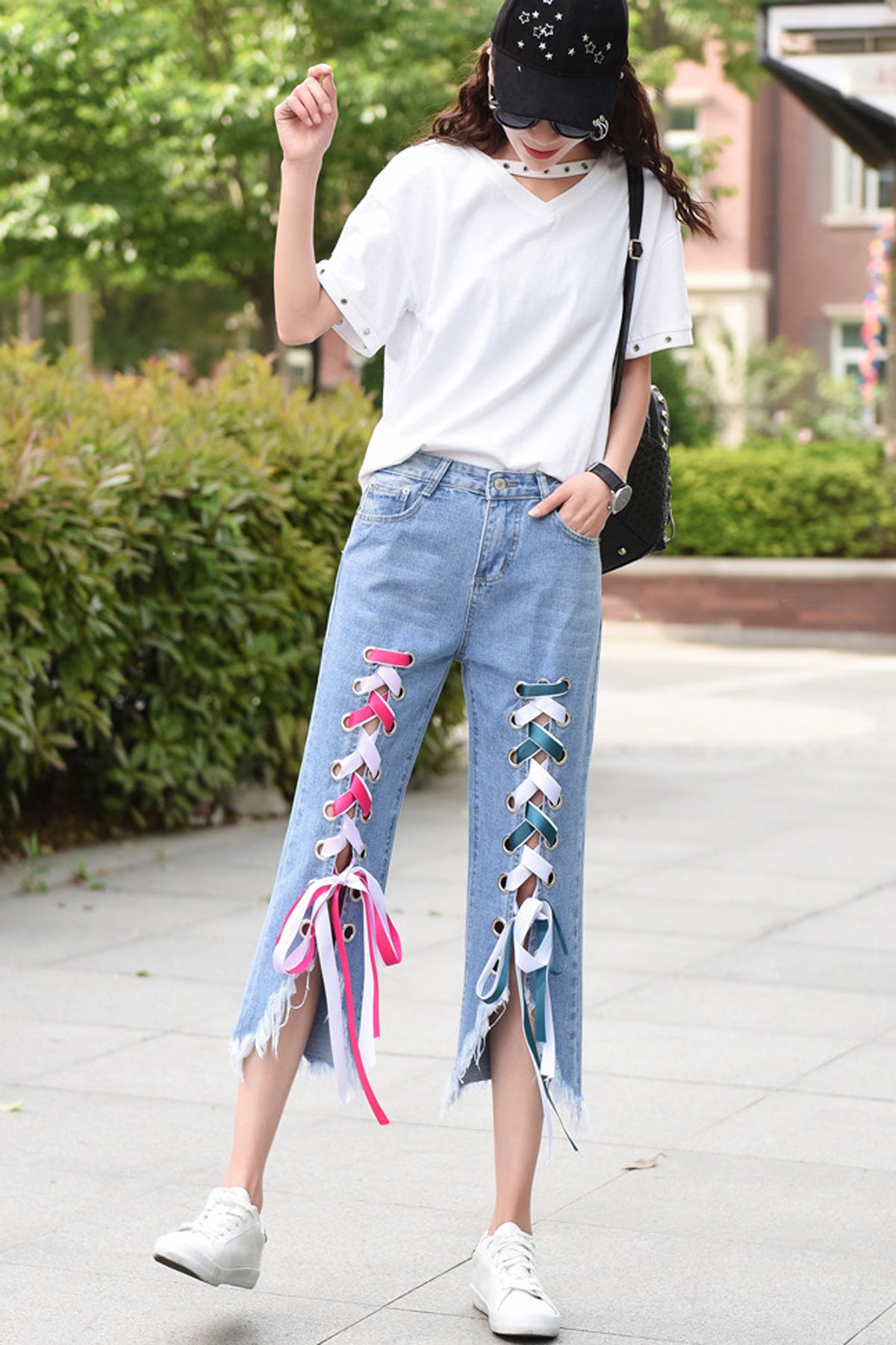 Color Straps Lace Up Rough Edge Irregular 3/4 Length Jeans