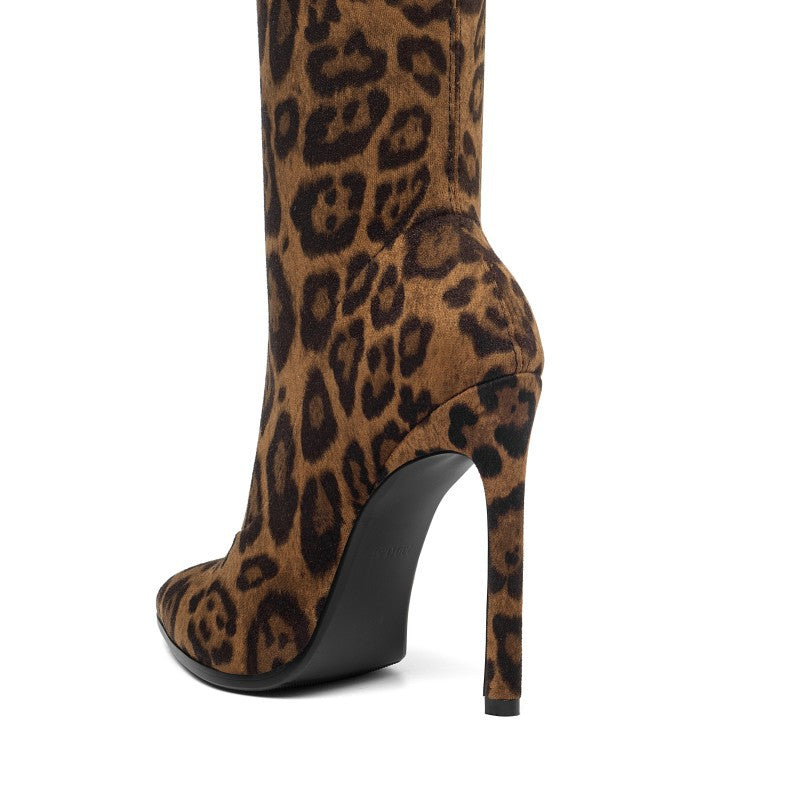 Fashion Leopard Point Toe High Heel Stretch Over Knee Boots