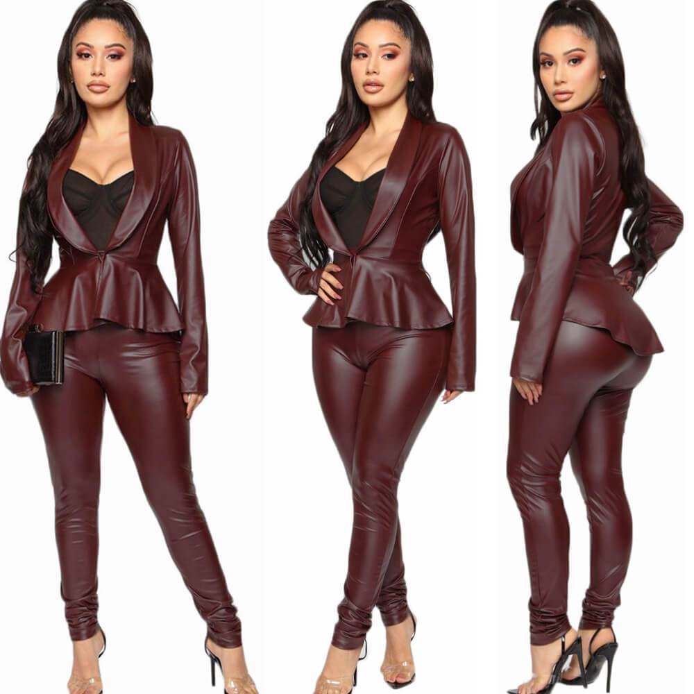 PU Deep V-neck Crop Top High Waist Skinny Pants Set