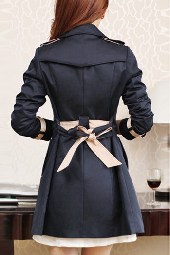 Pure Color Lapel Double Breasted Strap Belt Middle Length Coat