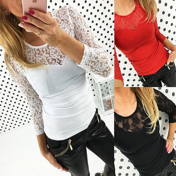 Lace Long Sleeves Patchwork Scoop Slim T-shirt